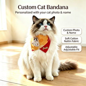`Custom Cat Bandana personalized with cat photo and name, soft cotton adjustable pet bandana for ragdoll cat`