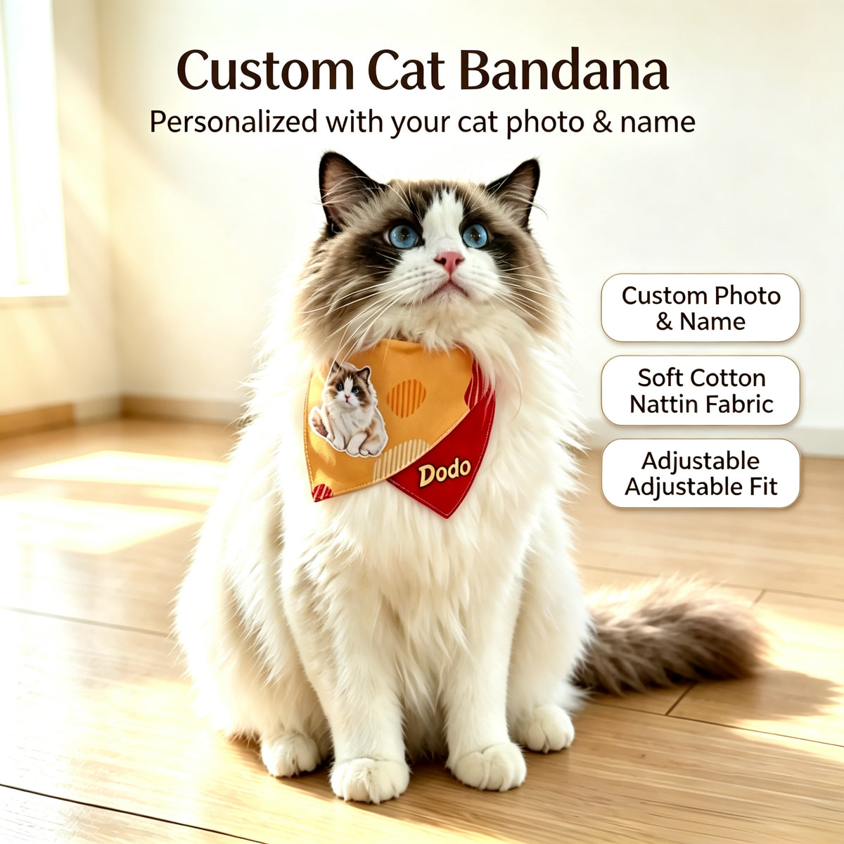`Custom Cat Bandana personalized with cat photo and name, soft cotton adjustable pet bandana for ragdoll cat`